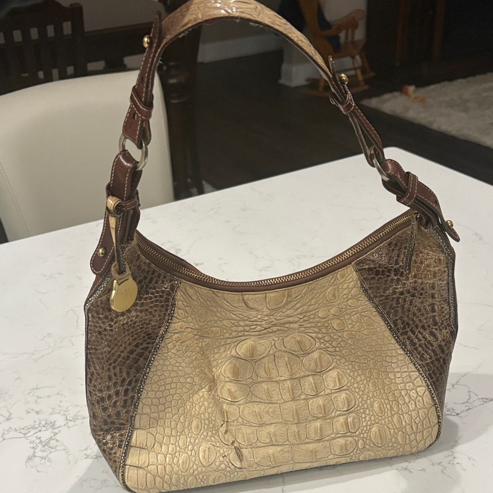 Brahmin Brown and Cream Crocodile-Embossed Shoulder Bag